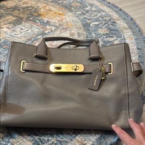 Coach Gray Satchel Bag with Structured Design, dual bag tags